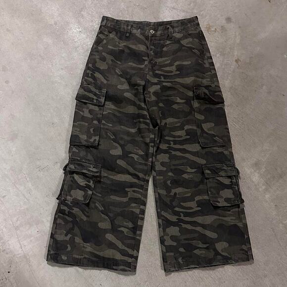 GREEN CAMO CARGOS Baggy y2k DENIM WAIST 34 FLAT